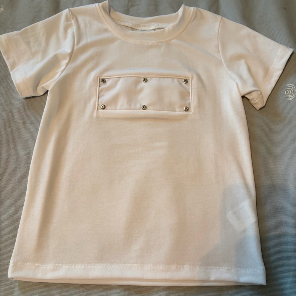 Kids White Short Sleeve Tee with Studded Pocket